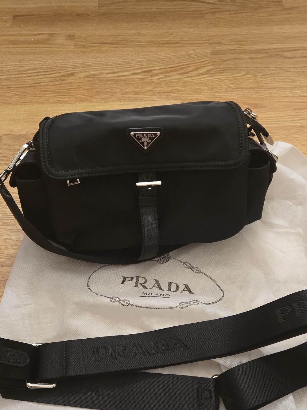 Prada Black Nylon Messenger Bag with Silver-Tone Hardware - Prada